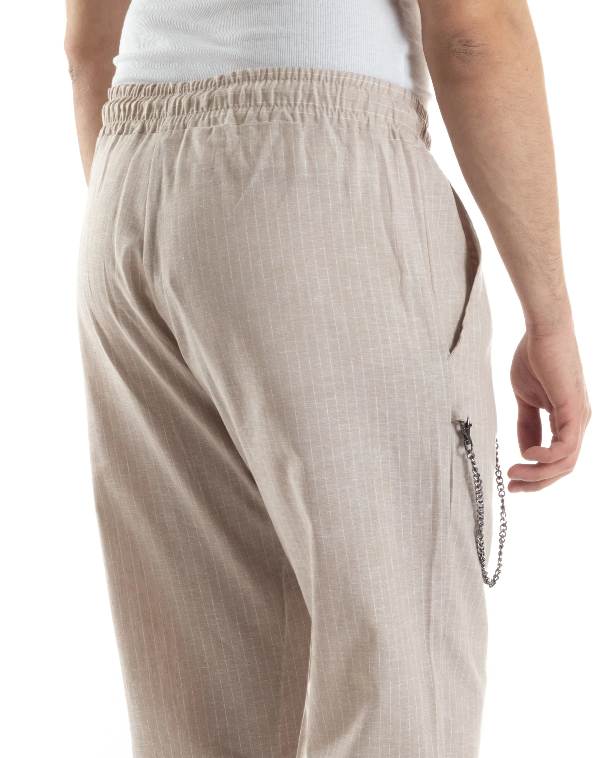 Pantaloni Uomo Pantalaccio Lino Jogger Elastico Sartoriale Casual Rigato Riga Sottile Beige GIOSAL-P6073A