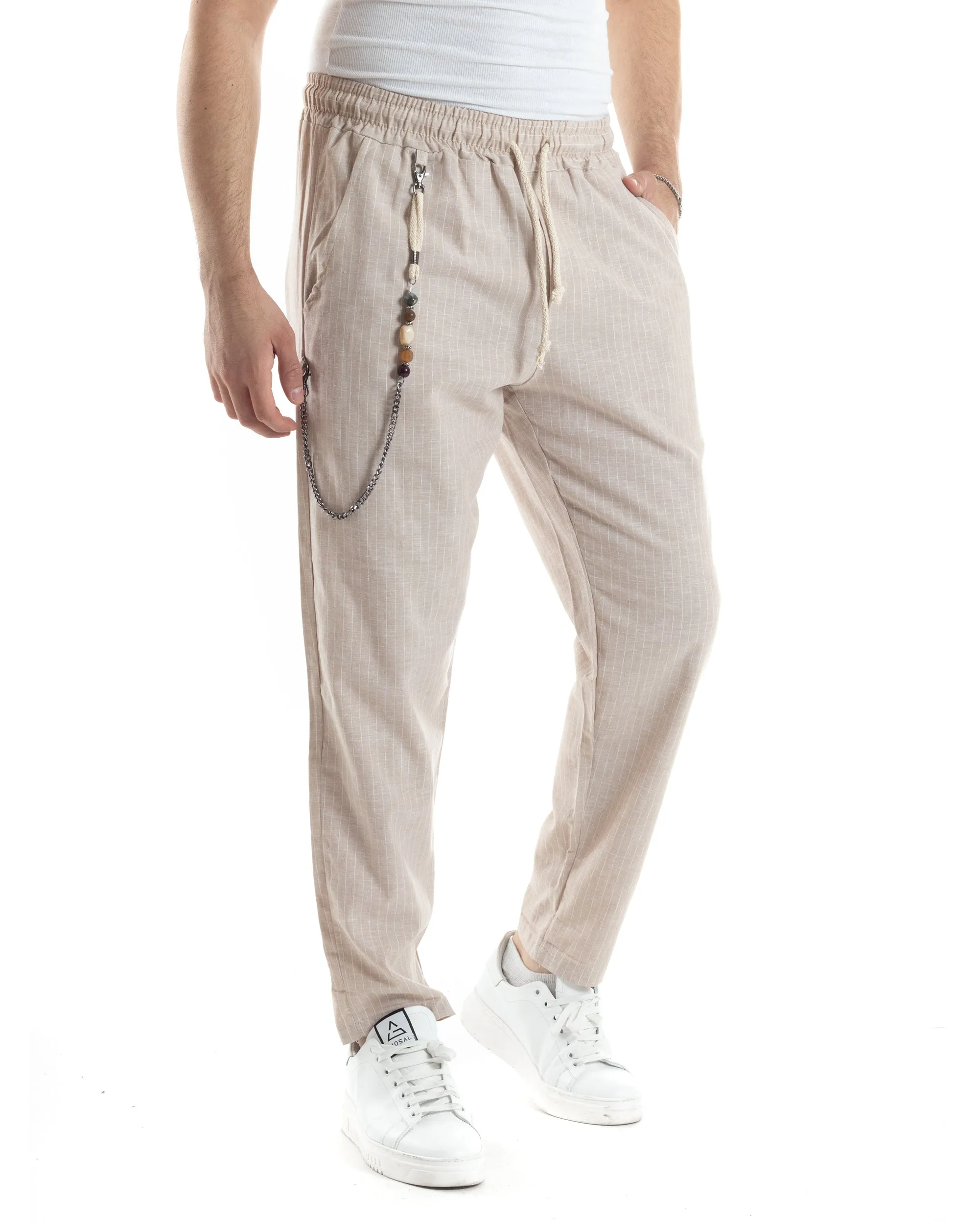 Pantaloni Uomo Pantalaccio Lino Jogger Elastico Sartoriale Casual Rigato Riga Sottile Beige GIOSAL-P6073A