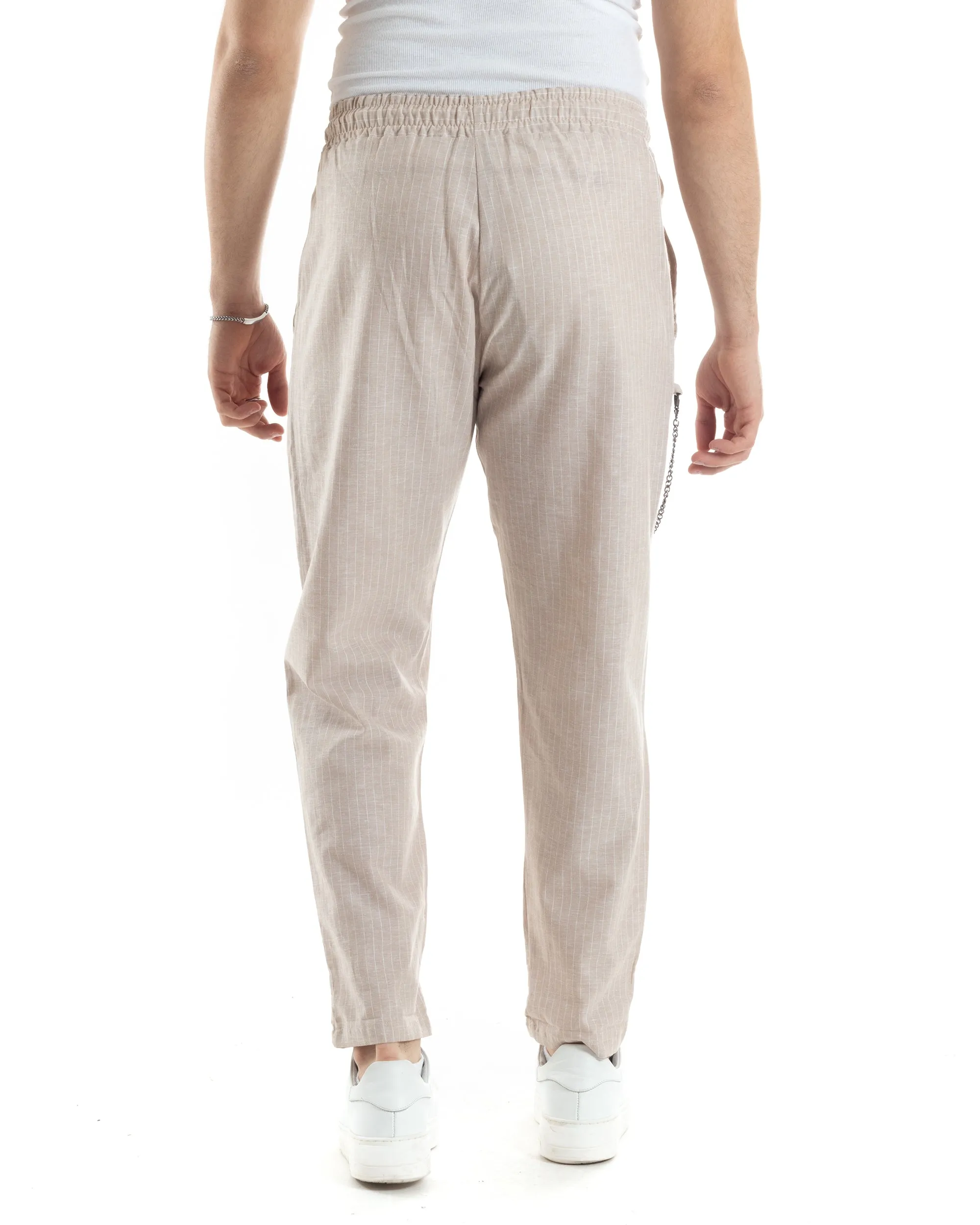 Pantaloni Uomo Pantalaccio Lino Jogger Elastico Sartoriale Casual Rigato Riga Sottile Beige GIOSAL-P6073A