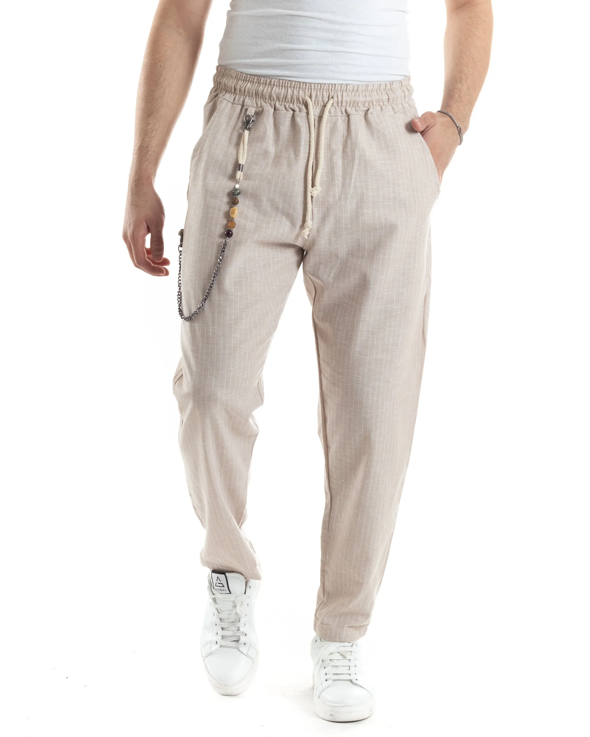 Pantaloni Uomo Pantalaccio Lino Jogger Elastico Sartoriale Casual Rigato Riga Sottile Beige GIOSAL-P6073A