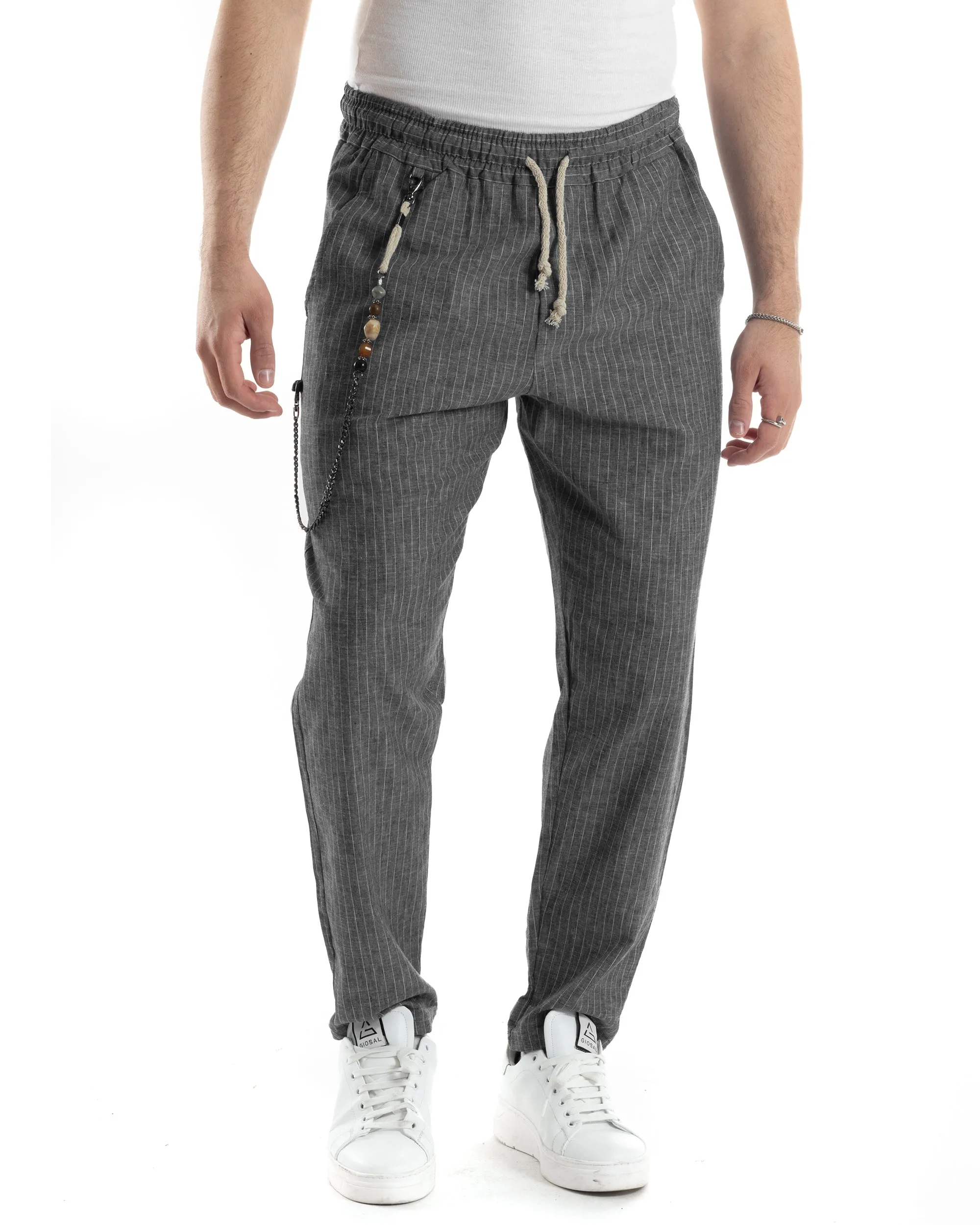 Pantaloni Uomo Pantalaccio Lino Jogger Elastico Sartoriale Casual Rigato Riga Sottile Nero GIOSAL-P6074A