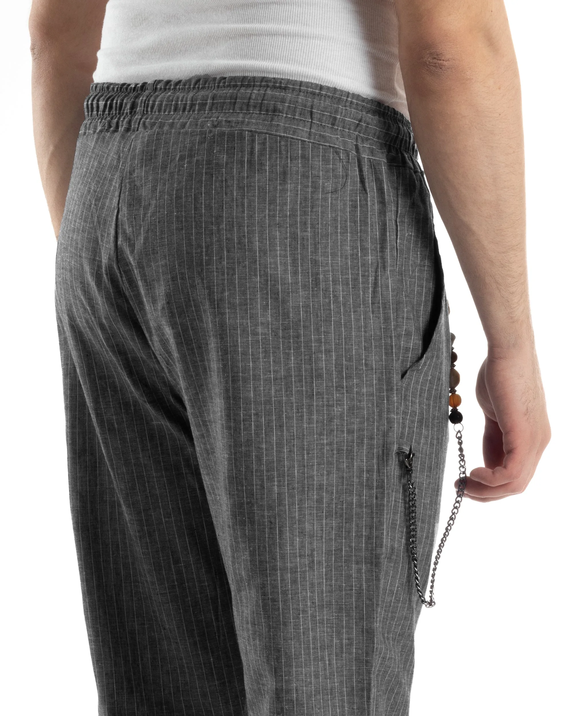 Pantaloni Uomo Pantalaccio Lino Jogger Elastico Sartoriale Casual Rigato Riga Sottile Nero GIOSAL-P6074A