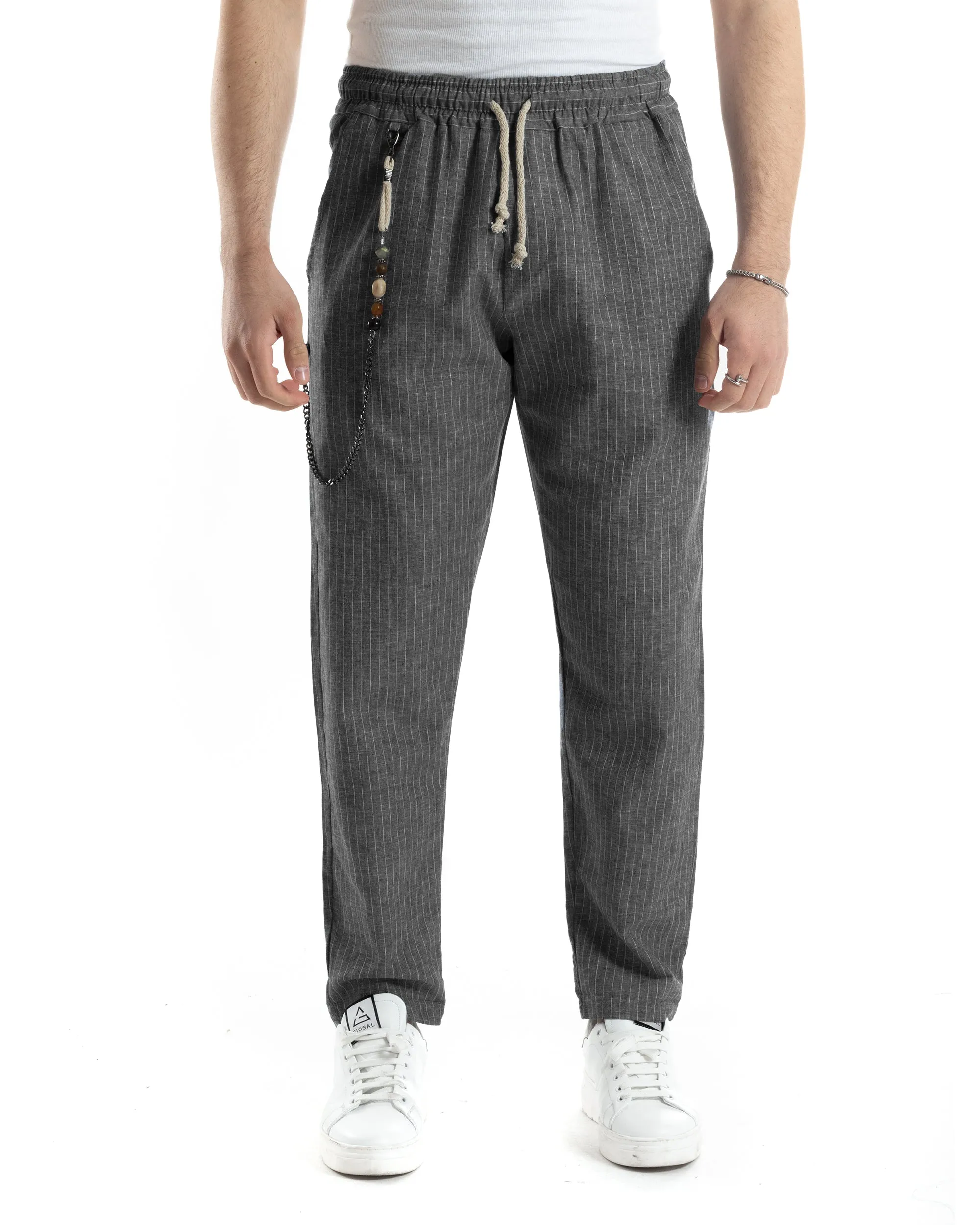 Pantaloni Uomo Pantalaccio Lino Jogger Elastico Sartoriale Casual Rigato Riga Sottile Nero GIOSAL-P6074A