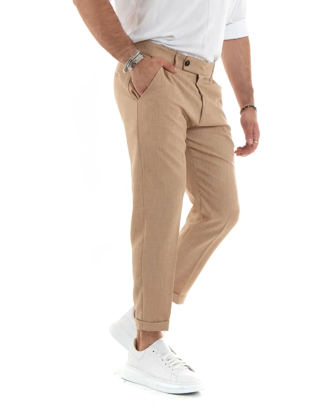 Pantaloni Uomo Tasca America Classico Camel Melangiato Abbottonatura Allungata Casual GIOSAL-P6052A