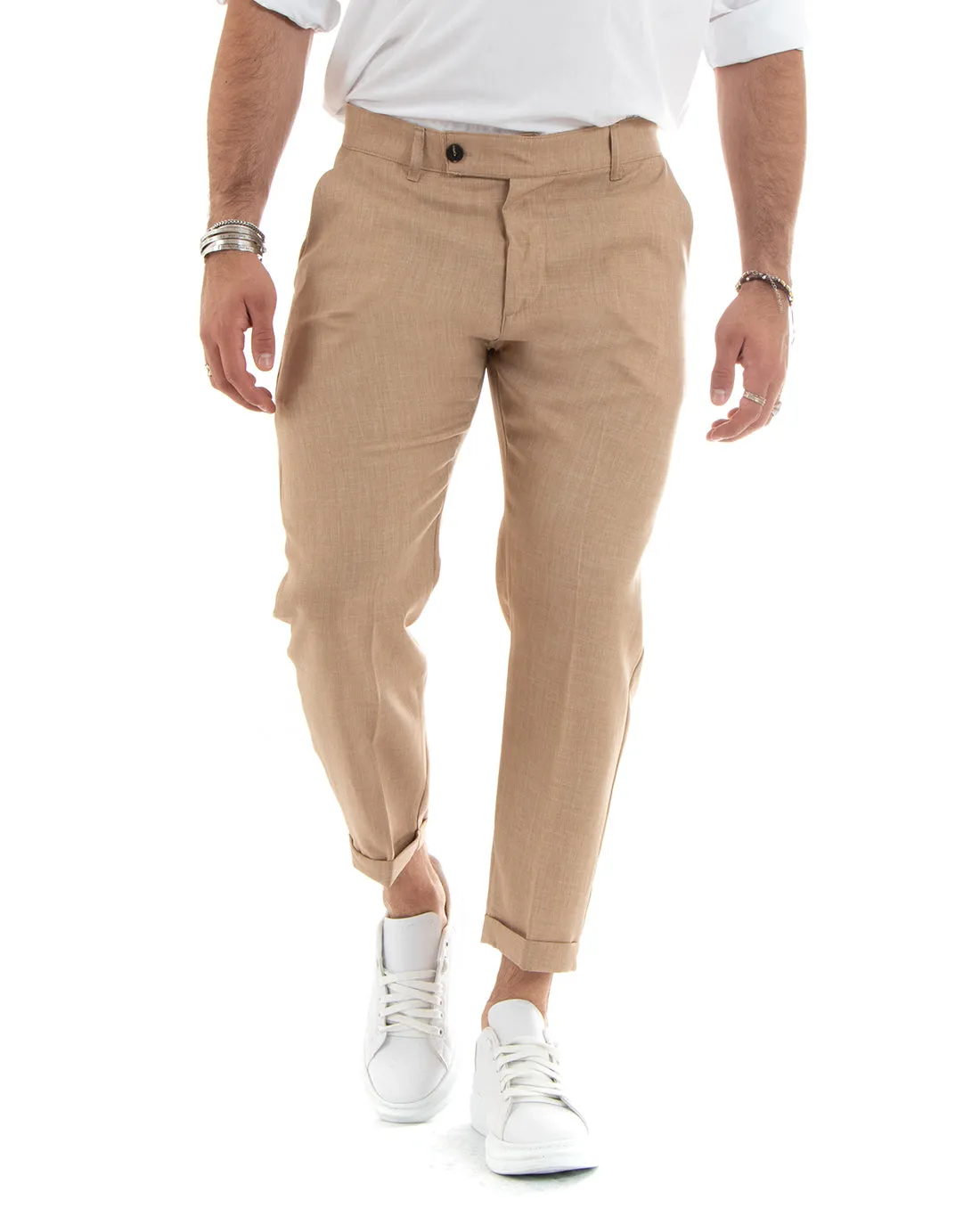 Pantaloni Uomo Tasca America Classico Camel Melangiato Abbottonatura Allungata Casual GIOSAL-P6052A