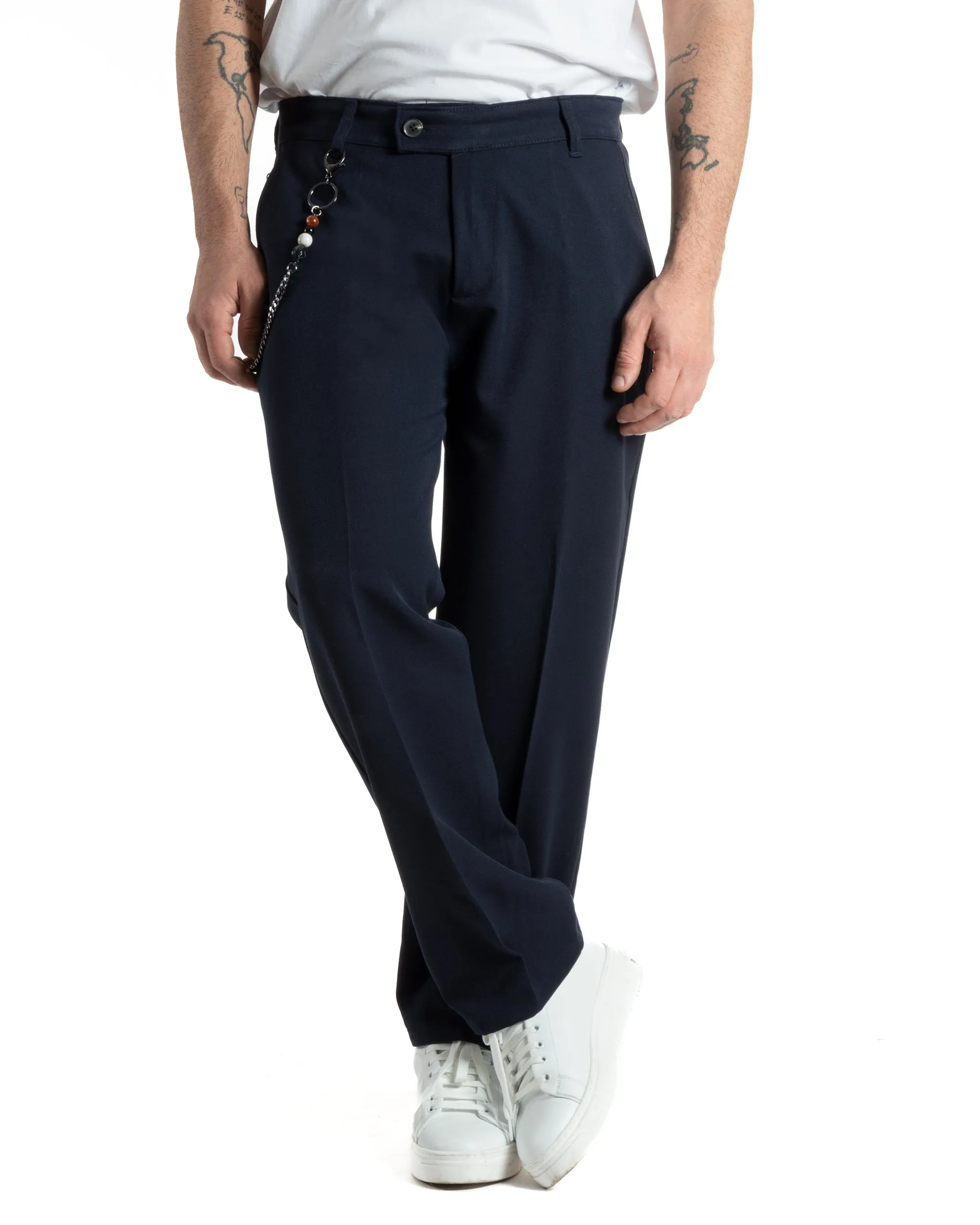 Pantaloni Uomo Viscosa Baggy Fondo Largo Tasca America Abbottonatura Allungata Casual Blu GIOSAL-P5997A