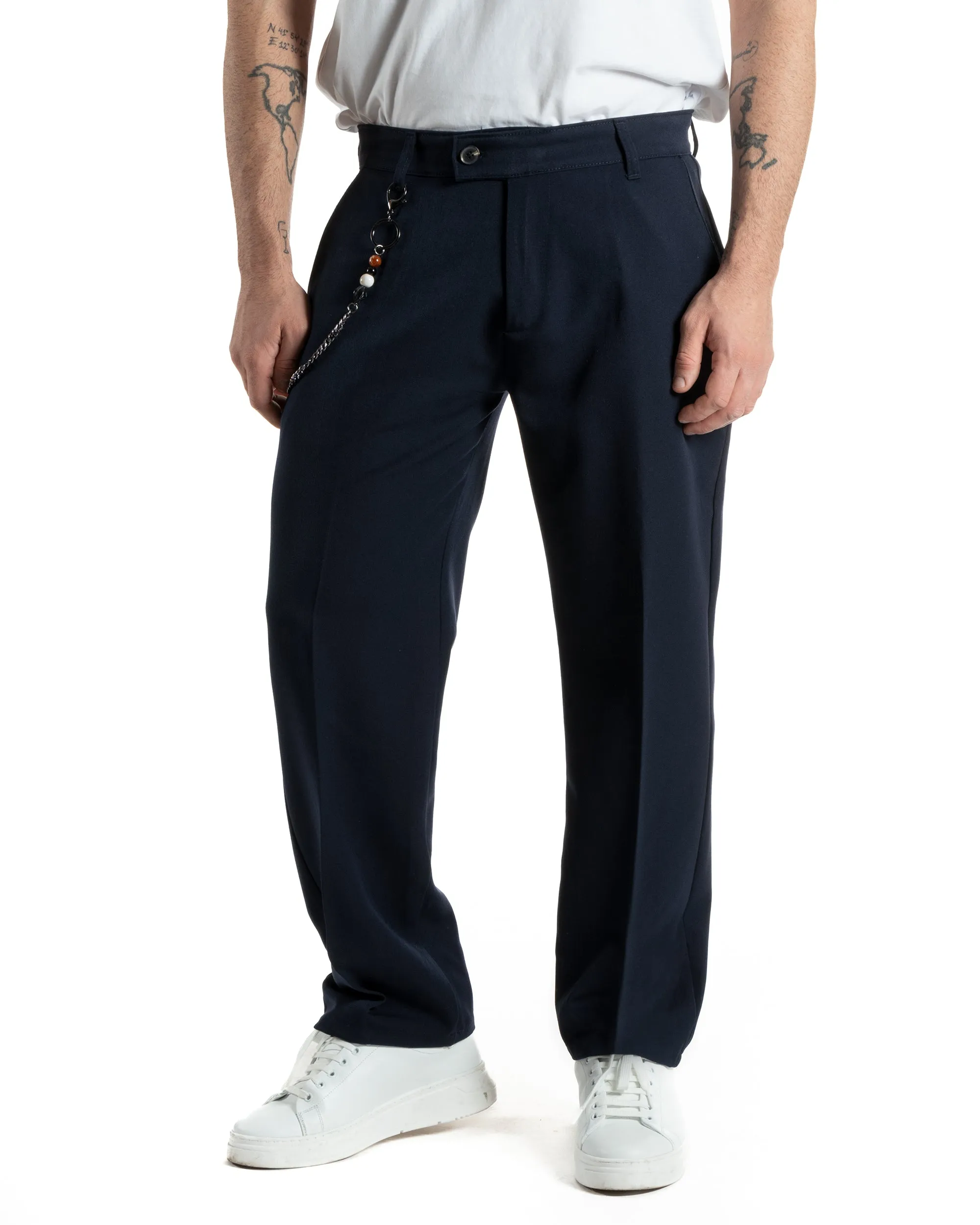 Pantaloni Uomo Viscosa Baggy Fondo Largo Tasca America Abbottonatura Allungata Casual Blu GIOSAL-P5997A