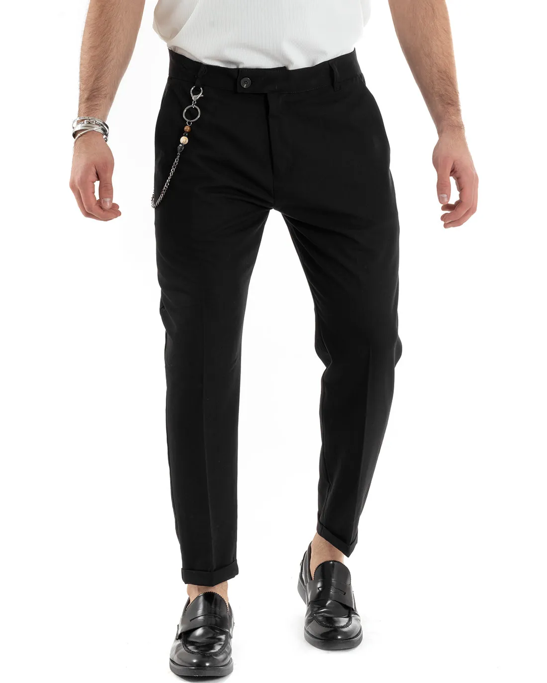 Pantaloni Uomo Viscosa Tasca America Classico Abbottonatura Allungata Casual Nero GIOSAL-P5962A