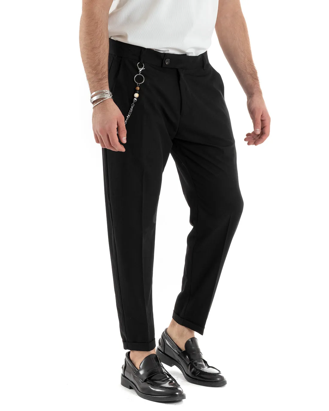 Pantaloni Uomo Viscosa Tasca America Classico Abbottonatura Allungata Casual Nero GIOSAL-P5962A